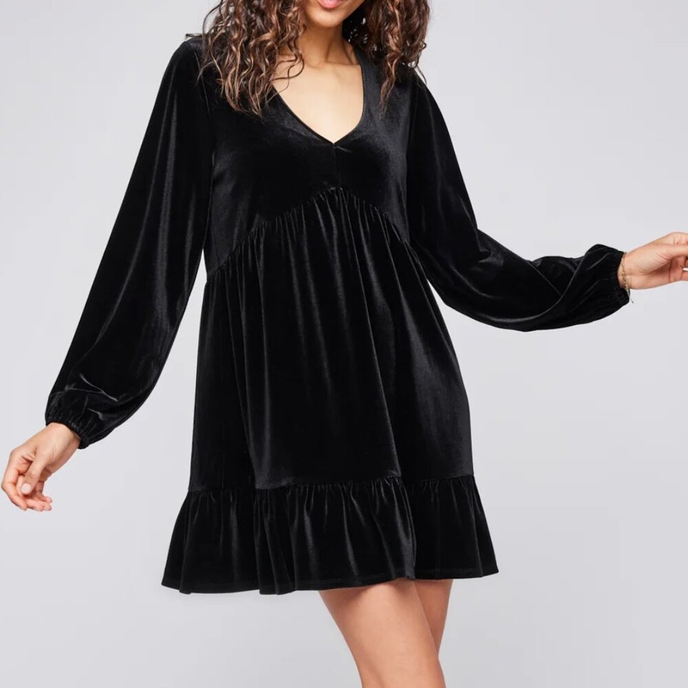 Gentle Fawn Black Velour Velvet Look Babydoll Dress V Neck Ruffle Hem L